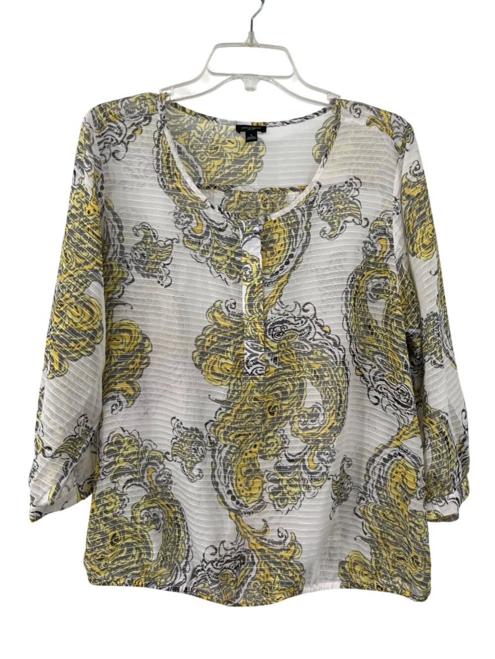 Ann Taylor Paisley Blouse Womens L Yellow Gray Sheer Used